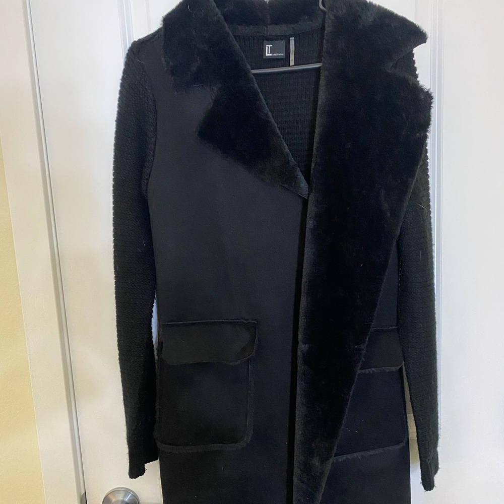Long, faux suede black cardigan
